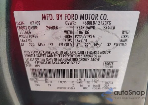 2009 Ford Escape Xlt z USA, uszkodzony, nr VIN 1FMCU93G49KD03777